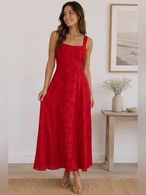 Blue Sky Designs Red Maxi Dress Corset Back Boho Cottagecore Medium